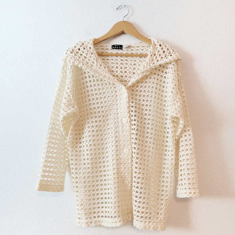 Vintage Crochet 90s Y2K Fishnet Net Beach Coverup Cream Hoodie Sweater